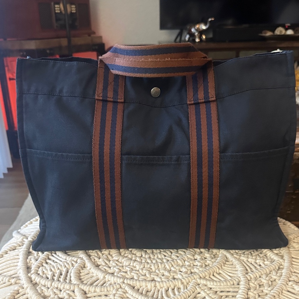 Hermes Blue Tote with Brown Stripes